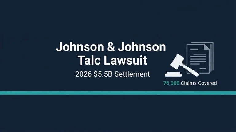Johnson & Johnson talc lawsuit 2026 banner with $5.5B settlement and 76,000 claims.