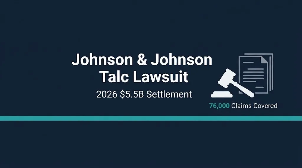 Johnson & Johnson talc lawsuit 2026 banner with $5.5B settlement and 76,000 claims.