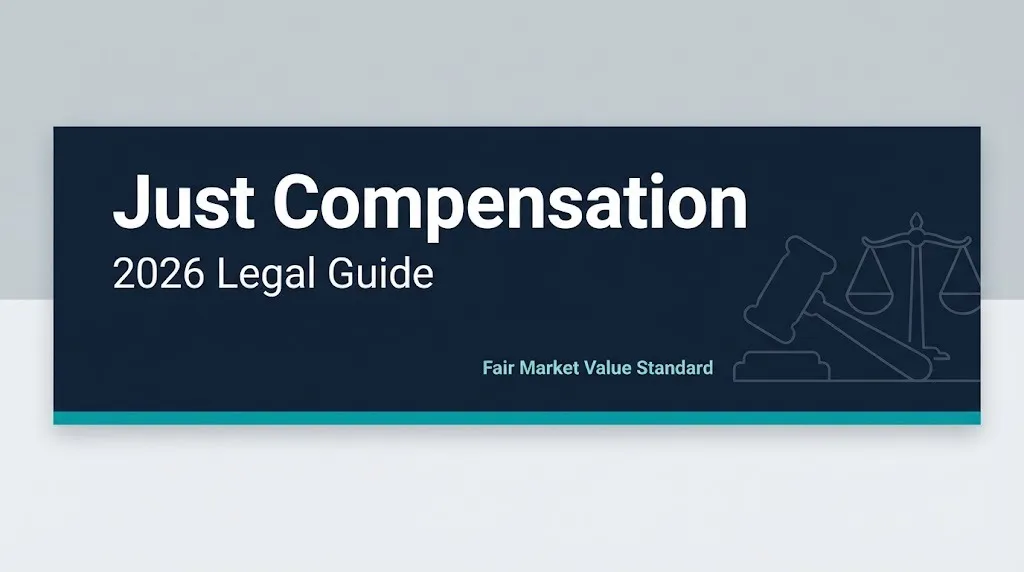Just compensation 2026 legal guide banner with gavel silhouette and fair market value text.