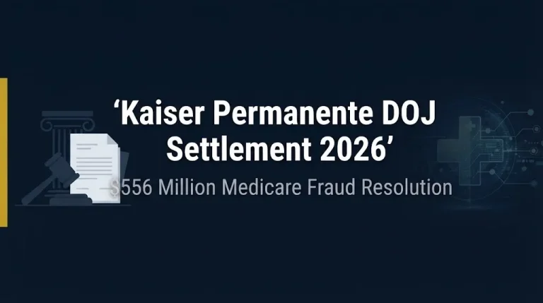 Kaiser Permanente DOJ settlement 2026 banner showing $556 million Medicare fraud resolution.