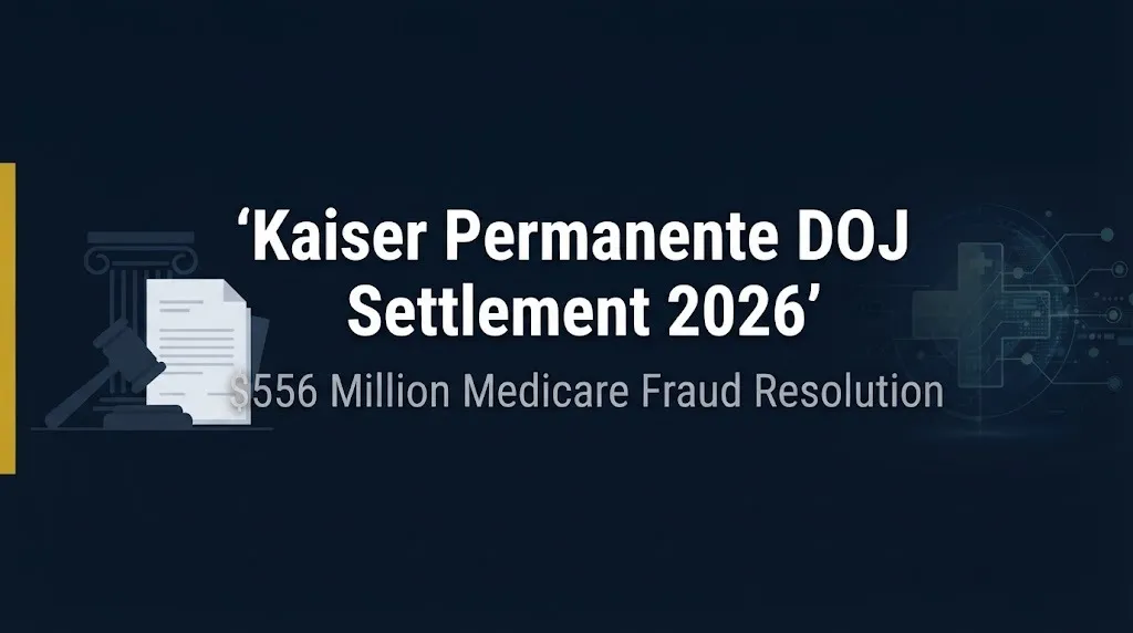 Kaiser Permanente DOJ settlement 2026 banner showing $556 million Medicare fraud resolution.