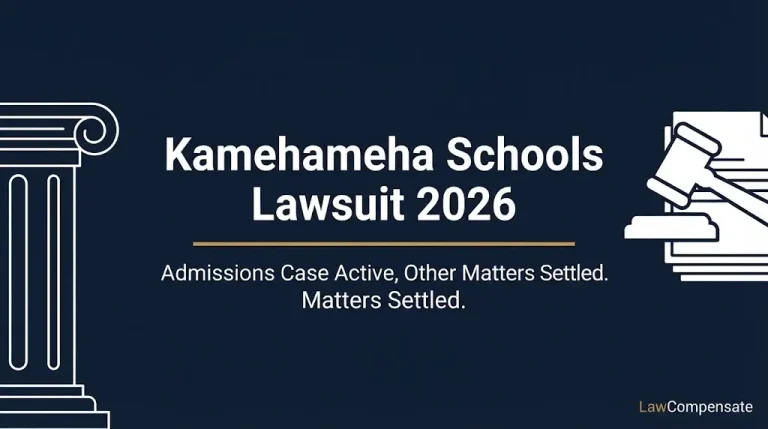 Kamehameha Schools lawsuit 2026 banner showing active admissions case and settled matters with legal icons.