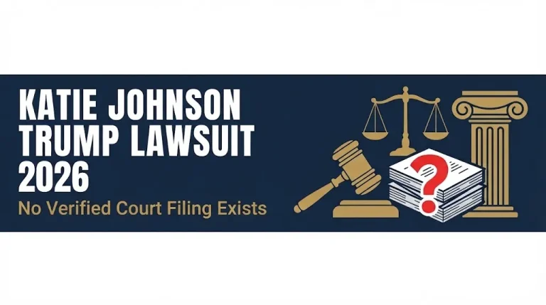Katie Johnson Trump lawsuit 2026 headline with gavel and question mark showing no verified court filing.