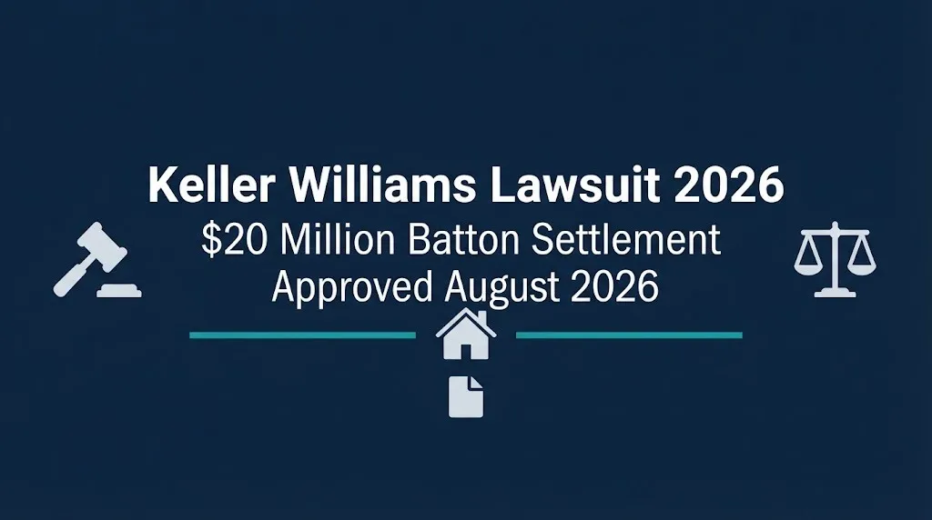 Keller Williams lawsuit 2026 hero banner with $20 million settlement and house graphic.