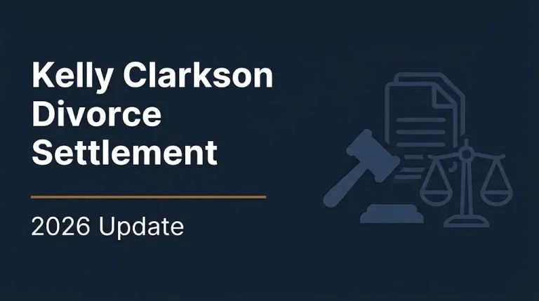 Kelly Clarkson divorce settlement 2026 banner with gavel and scales illustration on navy background