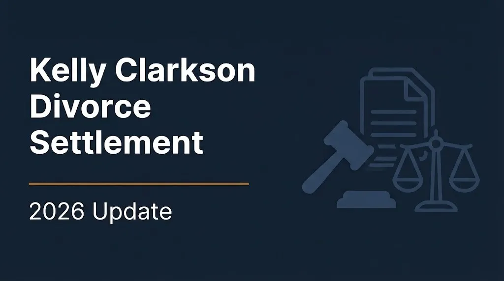 Kelly Clarkson divorce settlement 2026 banner with gavel and scales illustration on navy background