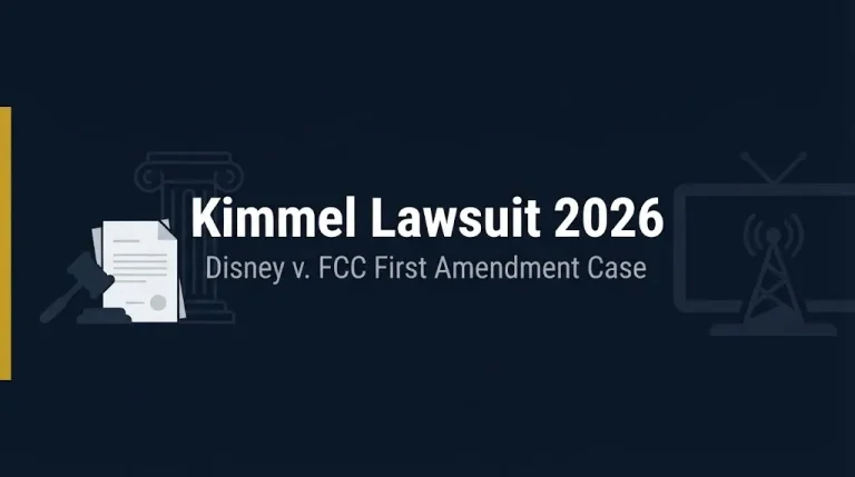 Kimmel lawsuit 2026 banner showing Disney v. FCC First Amendment case with no settlement fund.