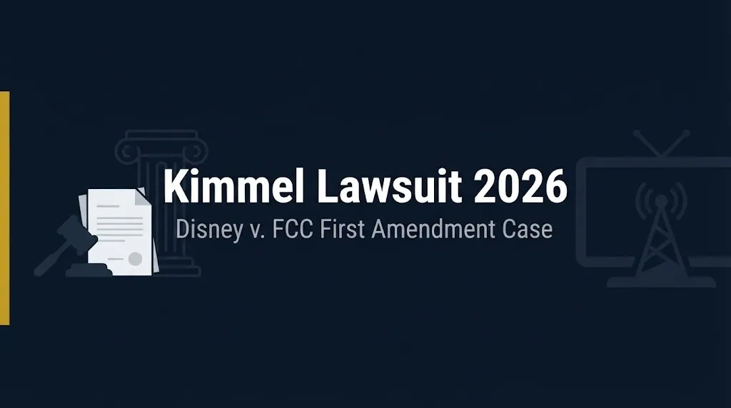 Kimmel lawsuit 2026 banner showing Disney v. FCC First Amendment case with no settlement fund.
