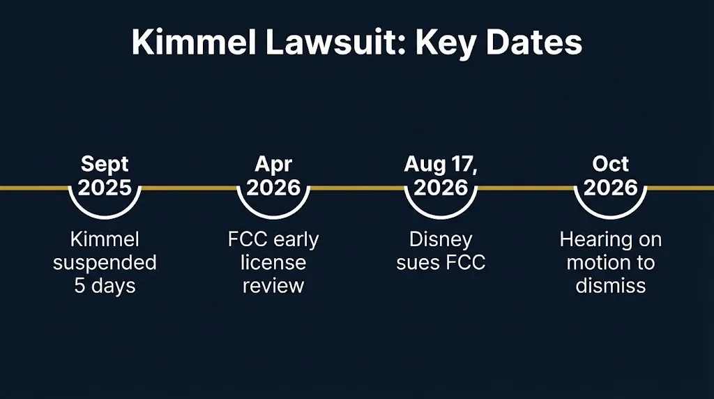 Kimmel lawsuit timeline showing Kimmel suspension, FCC license review, Disney lawsuit, and October hearing.