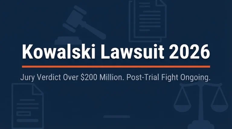 Kowalski lawsuit 2026 status banner showing jury verdict over 200 million and ongoing post-trial fight.