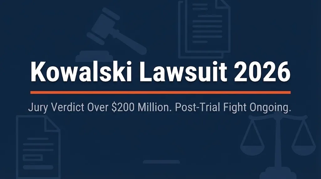 Kowalski lawsuit 2026 status banner showing jury verdict over 200 million and ongoing post-trial fight.