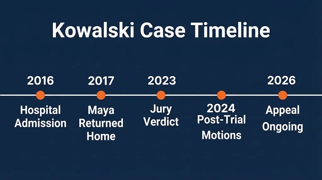 Kowalski lawsuit timeline from hospital admission in 2016 to appeal ongoing in 2026.