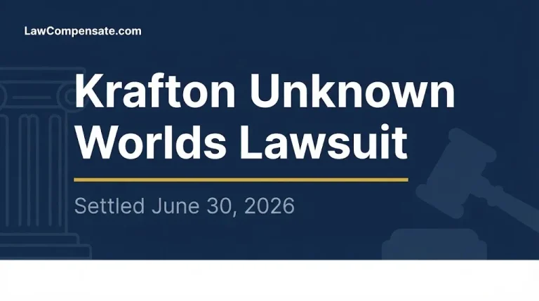 Krafton Unknown Worlds lawsuit hero banner with gavel and courthouse icons