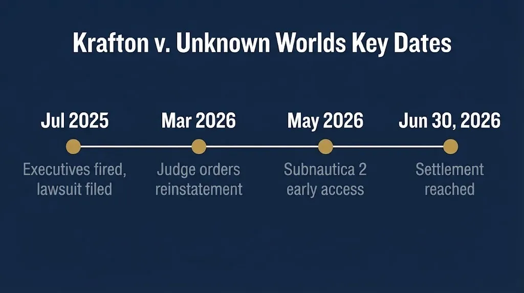 Krafton Unknown Worlds lawsuit timeline from 2025 firing to 2026 settlement