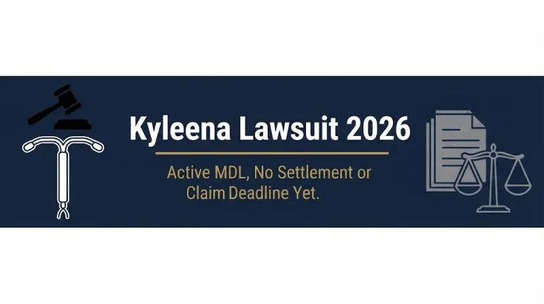 Kyleena Lawsuit 2026 banner showing medical device, gavel, and status line about active MDL with no settlement.