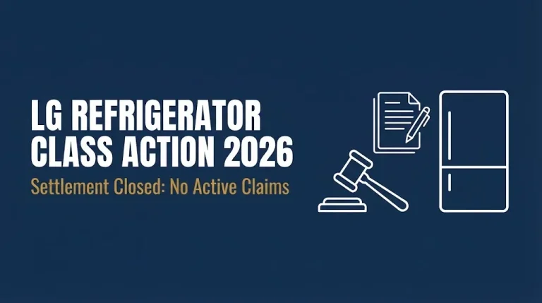 LG refrigerator class action lawsuit 2026 banner showing settlement closed with no active claims.