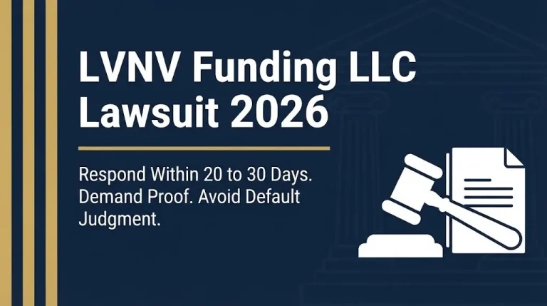 LVNV Funding lawsuit 2026 banner showing response deadline and proof demand for debt collection defense.