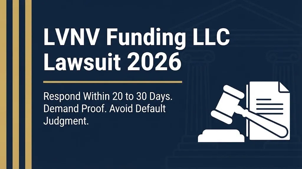 LVNV Funding lawsuit 2026 banner showing response deadline and proof demand for debt collection defense.