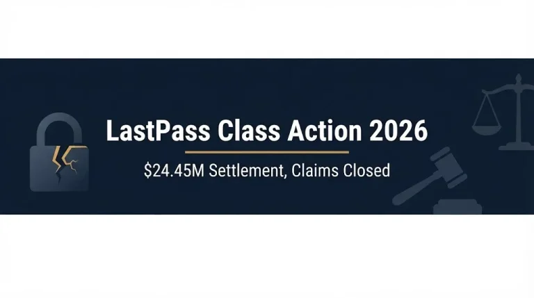 LastPass class action 2026 banner with $24.45M settlement and claims closed status.