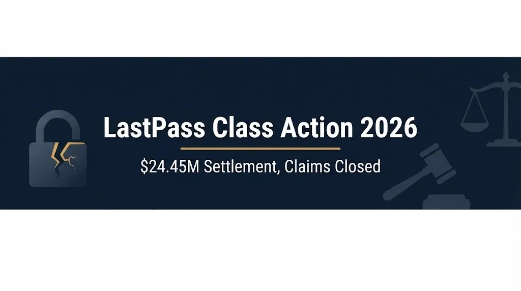 LastPass class action 2026 banner with $24.45M settlement and claims closed status.
