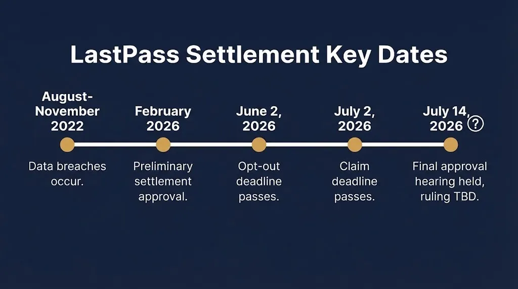 LastPass settlement timeline from 2022 breach to July 2026 final approval hearing with ruling TBD.