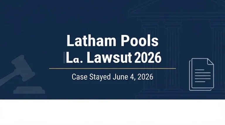 Latham Pools lawsuit 2026 banner showing the case was stayed on June 4, 2026.