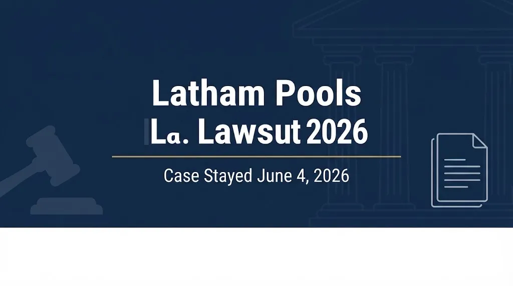 Latham Pools lawsuit 2026 banner showing the case was stayed on June 4, 2026.