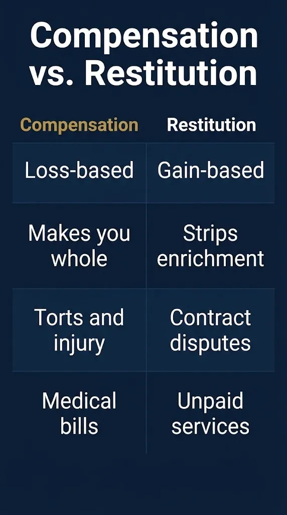 Law of compensation comparison chart showing compensation versus restitution differences.