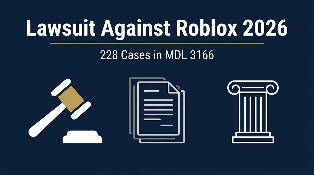 Lawsuit against Roblox 2026 infographic banner with gavel and 228 cases in MDL 3166