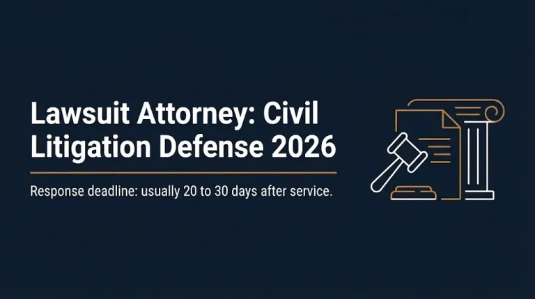 Lawsuit attorney civil litigation defense 2026 banner with response deadline reminder and legal icons.