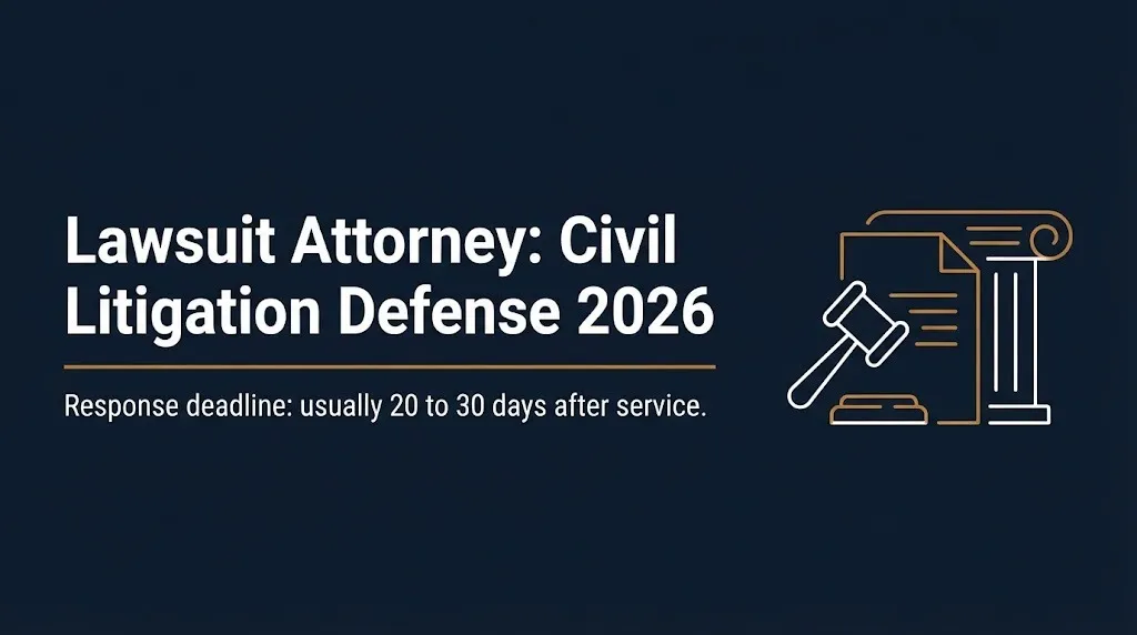 Lawsuit attorney civil litigation defense 2026 banner with response deadline reminder and legal icons.