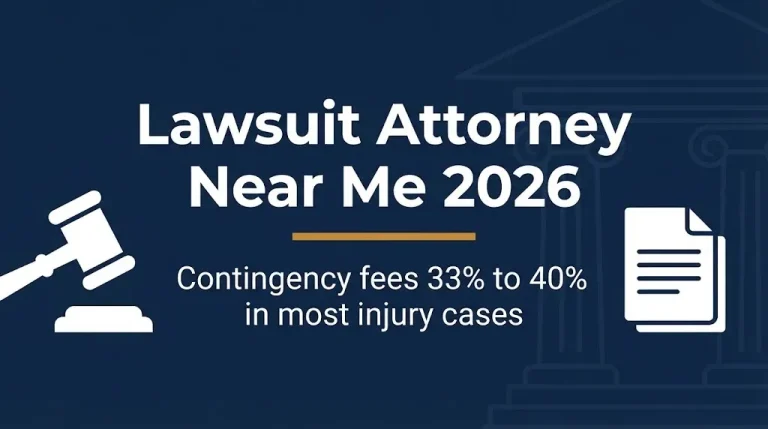 Lawsuit attorney near me 2026 banner showing contingency fee range and legal symbols.