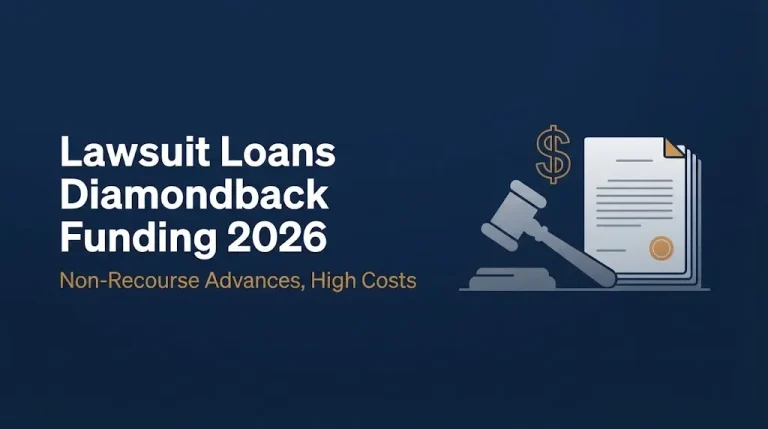 Lawsuit loans Diamondback Funding 2026 banner showing gavel, dollar sign, and document graphics.