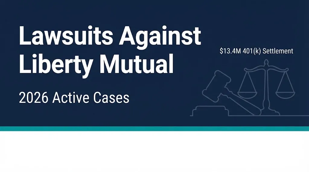 Lawsuits against Liberty Mutual 2026 banner with $13.4M settlement and gavel icon.