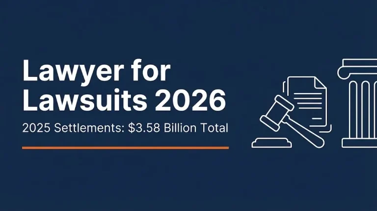 Lawyer for lawsuits 2026 banner showing $3.58 billion in 2025 settlements with gavel and document graphics.