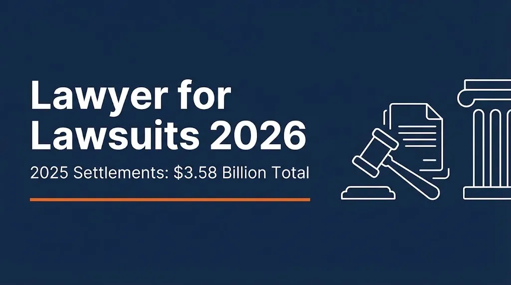 Lawyer for lawsuits 2026 banner showing $3.58 billion in 2025 settlements with gavel and document graphics.