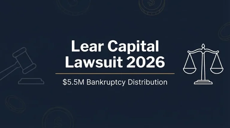 Lear Capital lawsuit 2026 banner showing $5.5 million bankruptcy distribution for investors.