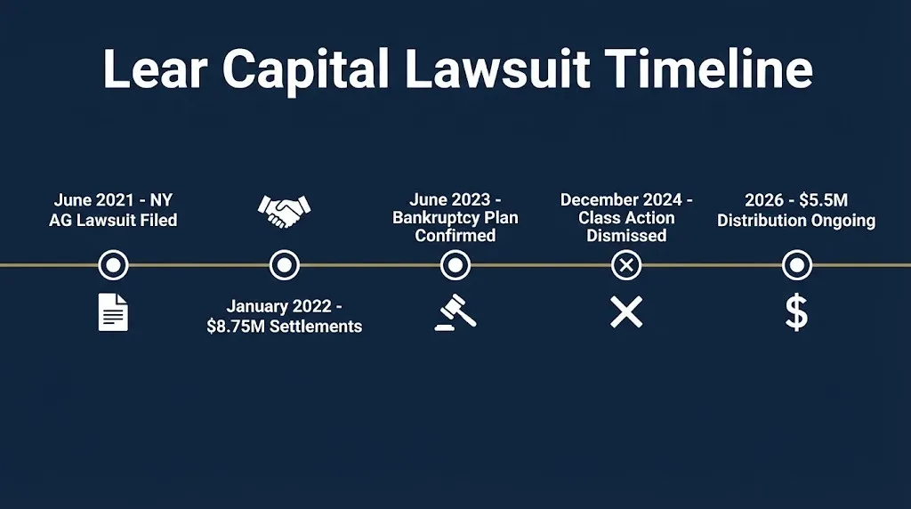 Lear Capital lawsuit timeline from 2021 NY AG filing through 2026 bankruptcy distribution.