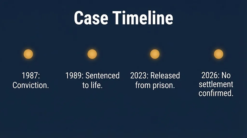 Leo Schofield case timeline showing conviction, sentencing, release, and 2026 status on navy infographic