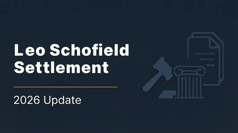 Leo Schofield settlement 2026 update banner with gavel and courthouse illustration on navy background