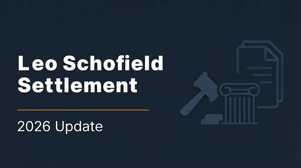 Leo Schofield settlement 2026 update banner with gavel and courthouse illustration on navy background