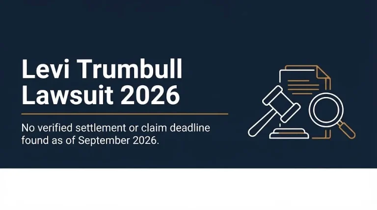 Levi Trumbull lawsuit 2026 banner with no verified settlement found and legal search icons.