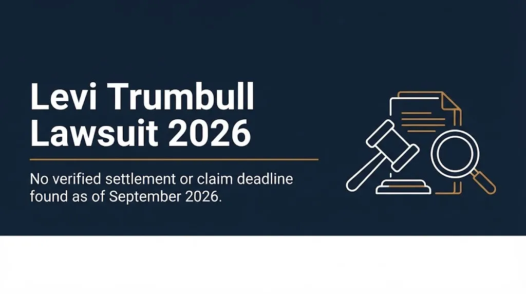 Levi Trumbull lawsuit 2026 banner with no verified settlement found and legal search icons.