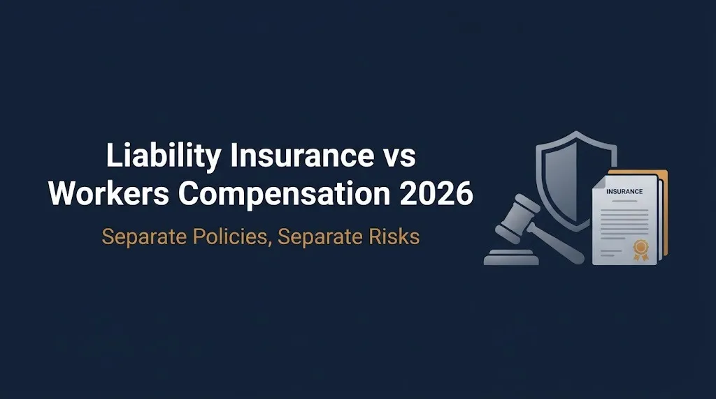Liability insurance vs workers compensation 2026 banner showing gavel, shield, and document graphics.
