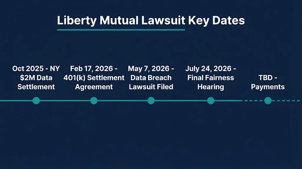 Liberty Mutual lawsuit timeline showing 2025 data settlement and 2026 401(k) settlement milestones.
