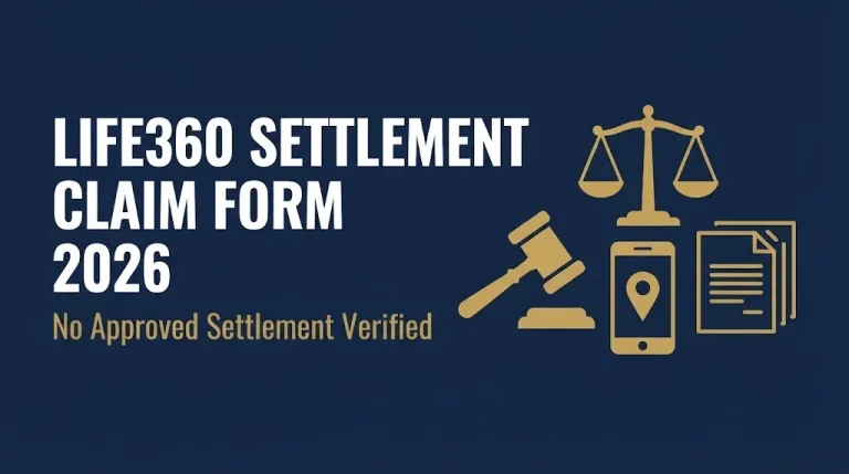 Life360 settlement claim form 2026 headline with gavel and smartphone showing no approved settlement verified.