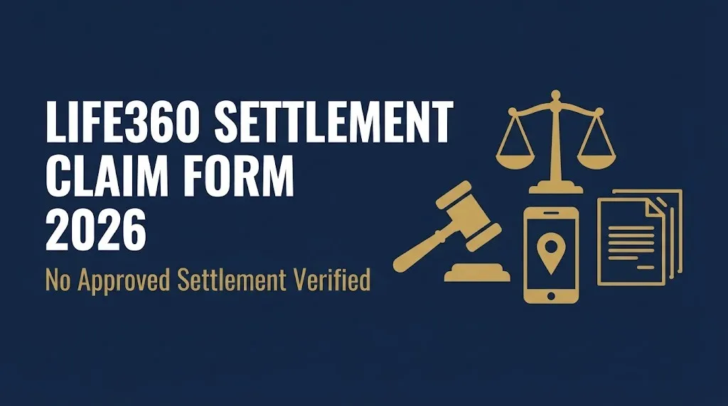 Life360 settlement claim form 2026 headline with gavel and smartphone showing no approved settlement verified.