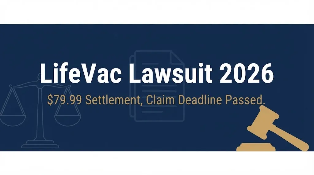 LifeVac lawsuit 2026 hero banner showing $79.99 settlement and legal symbols.