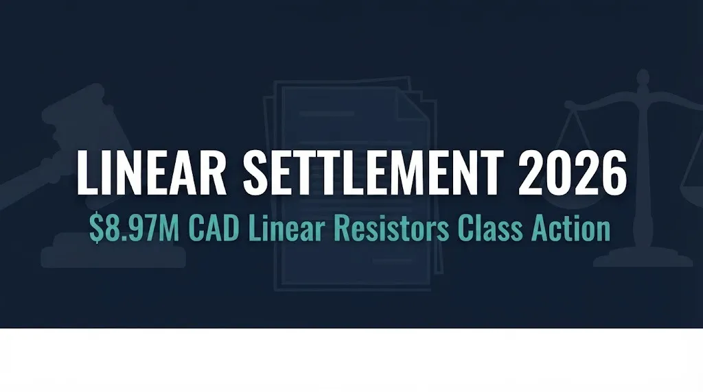 Linear settlement 2026 hero graphic showing $8.97M Canadian class action for linear resistors