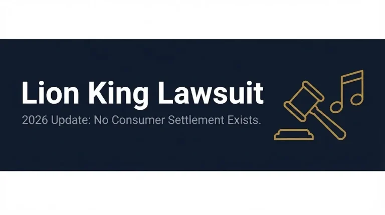 Lion King lawsuit 2026 banner showing no consumer settlement exists for the copyright case.